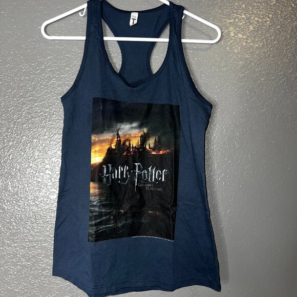 Harry Potter Deathly Hallows Women’s Tank Top Size M Navy Blue Graphic Racerback - Picture 1 of 3